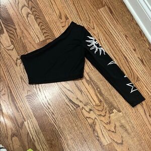 SHEIN Black One Sleeve Crop Top with White Celestial Design